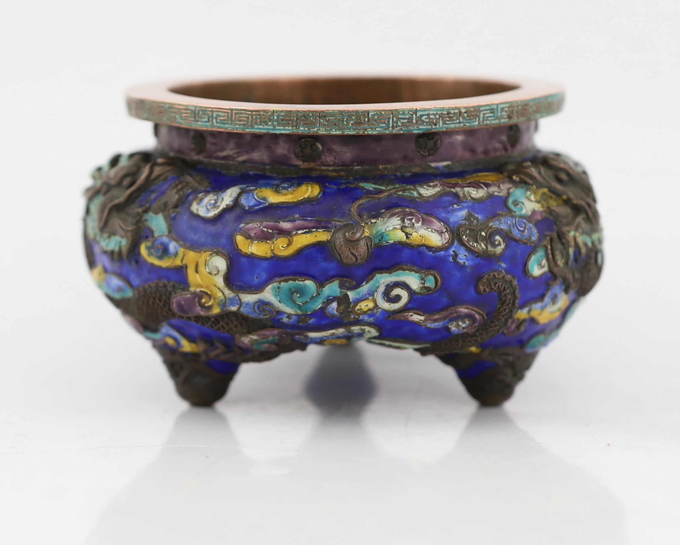 A rare Chinese champlevé enamel and copper repousse work ‘dragon’ censer, Xuande six character mark, 18th/19th century, some damage